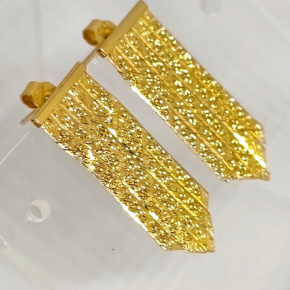 Vintage 14k Herringbone Chain Floral Pattern Chevron Dangle Italy Earrings - Picture 7 of 15